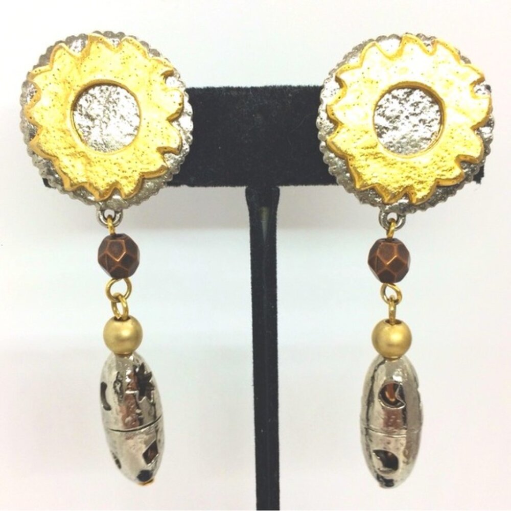 VINTAGE LIZ CLAIBORNE CELESTIAL MIXED METAL DANGLE EARRINGS CLIP ON 80S SUN MOON